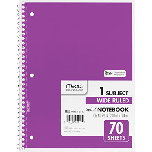 Mead Spiral Notebook, 1 Subject, Wide Ruled Paper, 7-1/2" x 10-1/2", 70 Sheets, Color Will Vary (05510)