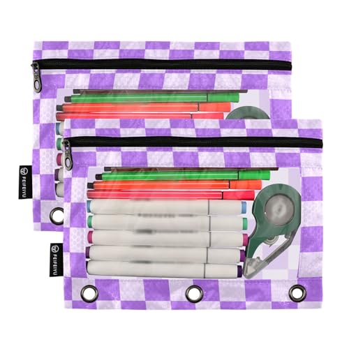 Purple Grid Pencil Pouch for 3 Ring Binder with Zipper 2 Pack Binder Pouches Cosmetic Bag with Clear Window - color: multi-p1