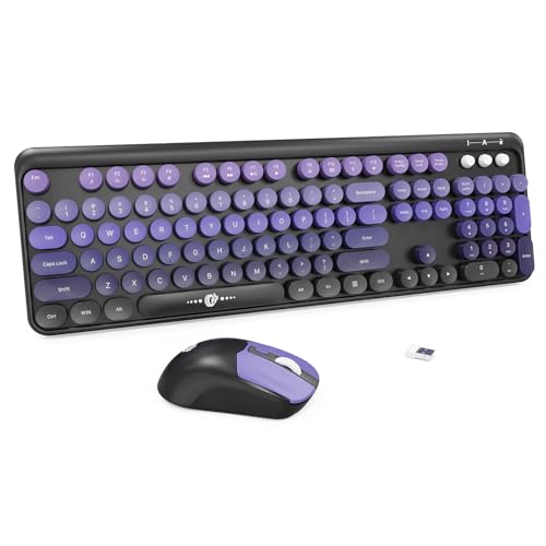 Purple Wireless Keyboard and Mouse Combo, Retro Round Key Typewriter Style Keyboard, Cute Full Size Aesthetic Bubble Keyboard with Number Pad for PC Laptop Desktop Computer - color: Purple Colorful
