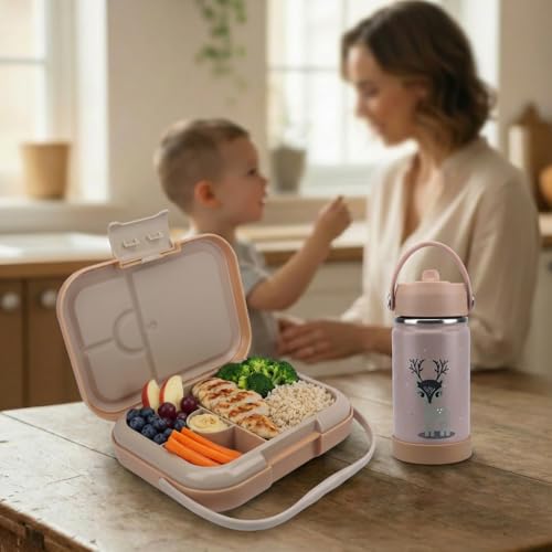 Bento Midi Lunch Box with carrying handle – 4 No-Mix Compartments | Microwave & Dishwasher Safe,Removable Tray | 900ML OZ (Pink Dark Powder) - color: Pink Dark Powder