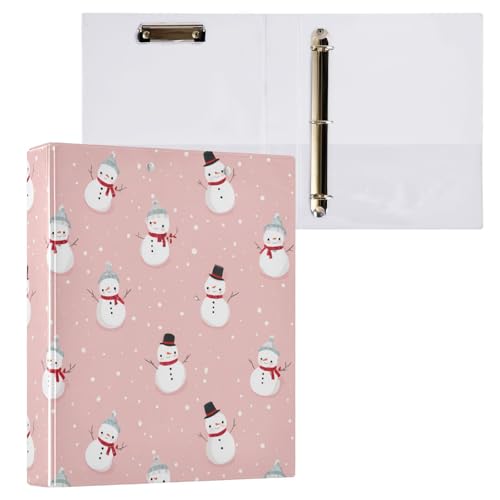 Fustylead Lovely Xmas Snowmen on Pink 3 Ring Binder, D-Rings 1.5" Hardcover Folder, Fits 200 Sheets of A4 Paper, Durable Clipboard & Clean View with Inside Pockets for School Home Office - size: 12.4x10.63x2.36 Inch-1 Pack