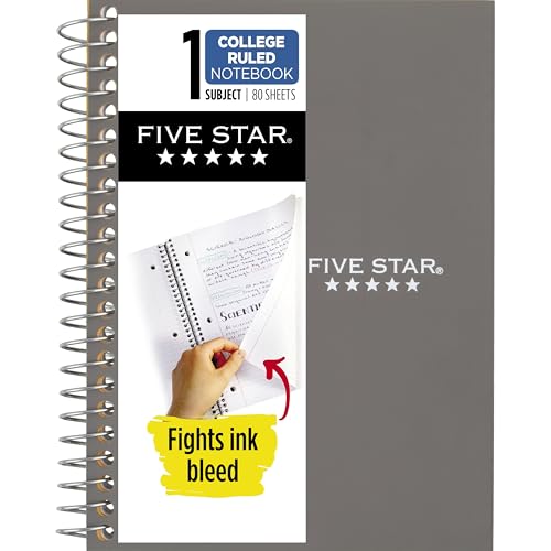 Five Star Spiral Notebook, 1 Subject, College Ruled Paper, 4-3/8" x 7", Personal Size, 80 Sheets, Fights Ink Bleed, Water Resistant Cover, Gray (450048AA3-ECM) - color: Gray