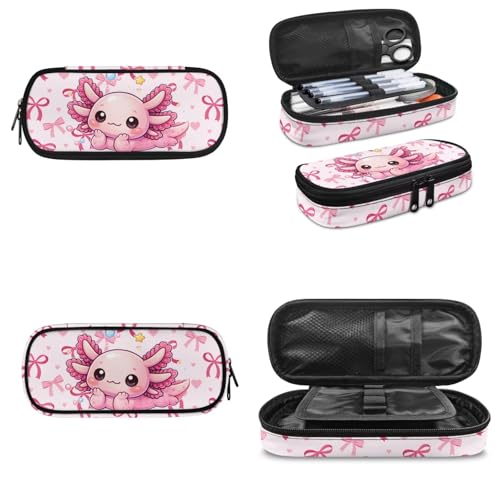Kids Bookbag & Insulated Lunch Bag & Pencil Case Set for Elementary School, Axolotl 3-Piece Matching Backpack Lunchbox Pouch for Girls, Lightweight Waterproof Student Supplies - color: Pink Bows-axolotl