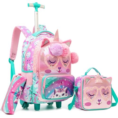 Meetbelify Kids Unicorn Rolling Backpack with Wheels for Girls Elementary Students Kids Travel Luggage Carry on School Backpack for Girls Ages 6-8 - color: 01 Unicorn