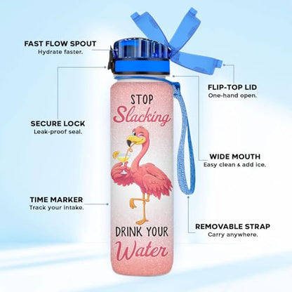Flamingo Water Bottle 32oz with Time Marker Cute Pink Flamingo Gift Birthday Gift for Women Girls Reusable Daily Motivation Drinking Bottle with Handle and Lid - color: Pink White