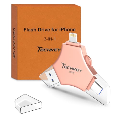 MFi Certified USB 3.0 Flash Drive 512GB for iPhone 3in1 External Memory Photo Keeper Storage Stick for Picture/Video/Data Saver/Backup High Speed Thumb/Jump/Hard Drives for iPad/Android/PC (Rose Pink) - color: Rose Pink, size: 512 GB