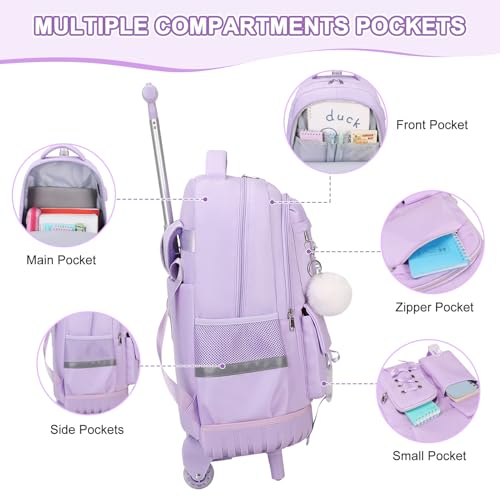 Scothen Rolling Backpack for Girls, Girls Backpack Set with Lunch Box & Pencil Pouch for Teen Girl Kids Children Elementary Middle School, Bookbag Daypack Laptop Travel Backpack with Wheels (Purple) - color: Purple