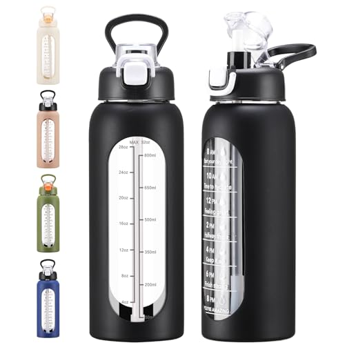 chunmo 32 oz Glass Water Bolttles with Straw Large Motivational Water Bottle with Time Marker Sports Water Bottles with Silicone Sleeve and Handle Lid Water Jug for Gym Workout - color: Black, size: 32 Ounces