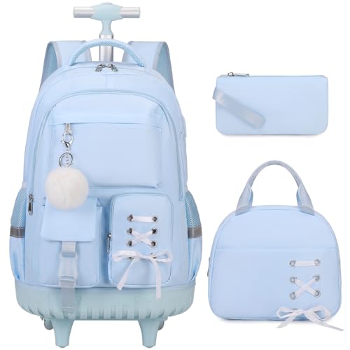 Scothen Rolling Backpack for Girls, Girls Backpack Set with Lunch Box & Pencil Pouch for Teen Girl Kids Children Elementary Middle School, Bookbag Daypack Laptop Travel Backpack with Wheels (Blue) - color: Blue