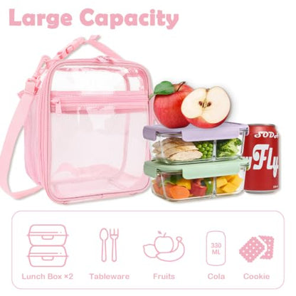 FlowFly Kids Lunch box Insulated Soft Bag Mini Cooler Back to School Thermal Meal Tote Kit for Girls, Boys, PinkClear - color: PinkClear