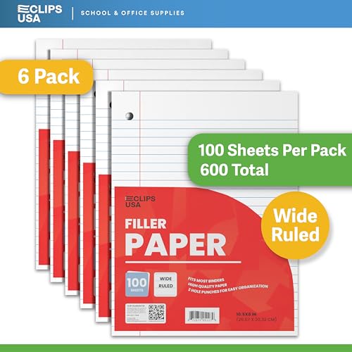 Wide Ruled Loose Leaf Paper Wide Ruled Notebook Paper Lined Writing Filler Paper 10.5” x 8” 56 gsm 600 Sheets 100 Sheet Per Pack (6 Pack) - size: 6 Pack
