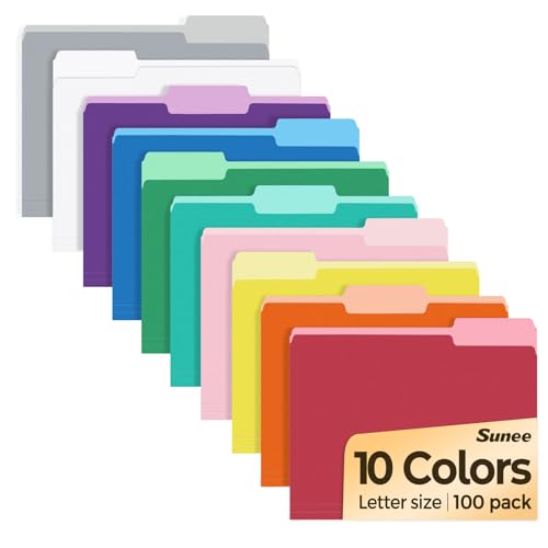 SUNEE File Folders Letter Size 10 Assorted Colors, 100 Pack Folders for Documents 1/3-Cut Tabs, Colored File Folders Office Home School for Documents Files Paper - color: 10 Classic Colors