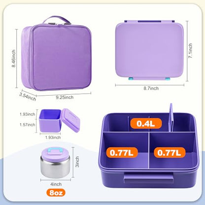Bento Lunch Box for Kids with Thermo, Leakproof Bento Box with 8oz Insulated Food Jar, Lunch Bag, BPA Free Dishwasher Safe 4 Compartment Container for School Girls Boys (Purple) - color: Purple1