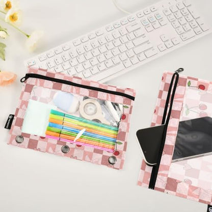 Gredecor 3 Ring Binder Pencil Pouch, Cherry Coquette Ribbon Bow (45) Zippered Pen Case Pouches with Clear Window, 2 Pack Stylish Office & School Supplie - color: Cherry Coquette Ribbon Bow (45)