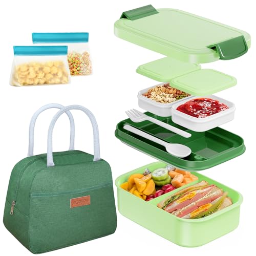 JBGOYON 4-in-1 Bento Box and Insulated Lunch Bag Set, Green | 6-hour insulation, 7.5 L lunch bag, leakproof 1.9 L container with 2 sauce cups, fork and spoon, 2 snack bags, BPA-fre - color: Dark Green