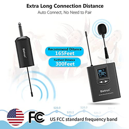 Bietrun UHF Wireless Lavalier Lapel Microphone System/Headset Mic/Stand Mic, 165ft Range, Rechargeable Transmitter Receiver, 1/4" Output, for iPhone,Android,PA Speaker,DSLR Camera,YouTube, Recording