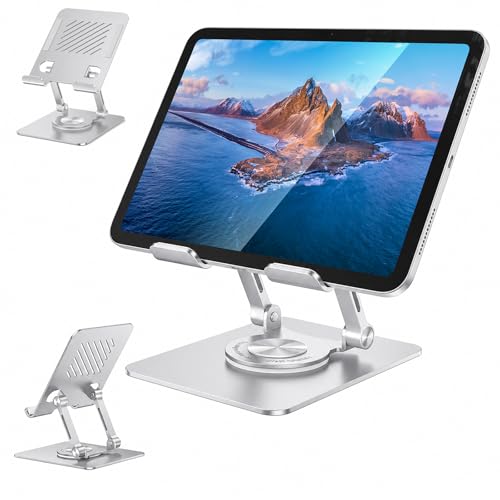 Tablet Stand for iPad, Aluminum iPad Stand for Desk | 360° Rotating, Compatible with 4.7-12.9" iPad, Foldable, for Tablet, Kindle, Galaxy Tab, Silver - color: Silver