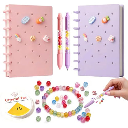 DIY Journal Kit for Girls, Cute Kawaii Stationery Gift Set with 2 Hole-Punched Spiral Notebooks , 2 Beadable Pens, 100 Beads&5m Elastic String,Arts and Crafts Birthday Gift for Tween Girls Age 8-12+