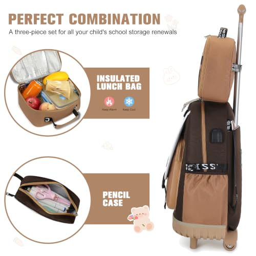 Bevalsa Capybara Theme Rolling Backpack for Girls, 3PCS Roller School Backpacks with Lunch Box & Pen Case, Kids Bookbag Schoolbag with Wheels for Teen Girl Kindergarten Elementary Middle School - color: Brown Cartoon