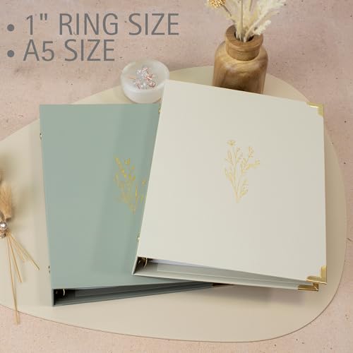 Aesthetic 6 Ring A5 Binder Set of 2 - The Perfect Small 0.75 Inch Planner Binder for Journaling or Collections - Refillable Notebook Holder with Pocket - color: Beige-green