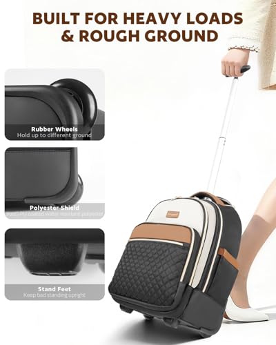 Arcoyard Rolling Backpack for Women, 15 inch Wheeled Laptop Bag | Water Resistant, Underseat Carry On Luggage, TSA Friendly, Black Beige Brown - color: Black Beige Brown, size: 15-inch