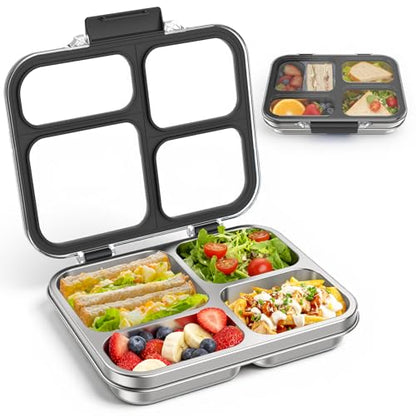 Stainless Steel Bento Box for Kids Adults with Silicone Container, Leak Proof 4 Compartments Metal Lunch Box, Removable Silicone Seal & Clear Lid Food Container for School Office, BPA-Free(Black) - color: Black
