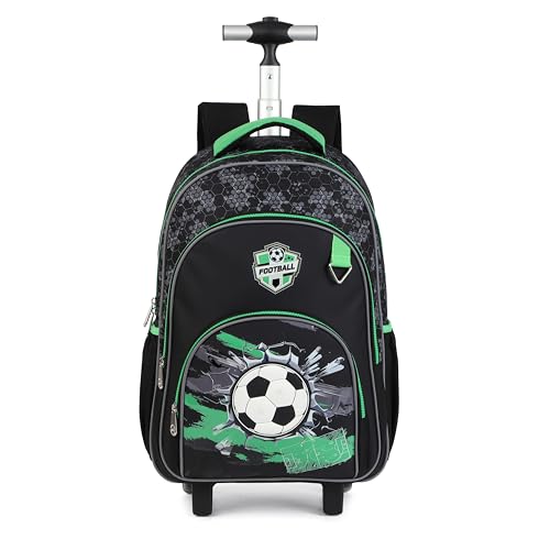 Kids Rolling Backpack for Boys, 5 PCS Cartoon Wheeled Backpack Set with Lunch Bag & Pencil Case, Durable Backpack with Wheels for School, Travel & Daily Use (Light Green) - color: Football Black