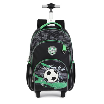 Kids Rolling Backpack for Boys, 5 PCS Cartoon Wheeled Backpack Set with Lunch Bag & Pencil Case, Durable Backpack with Wheels for School, Travel & Daily Use (Light Green) - color: Football Black