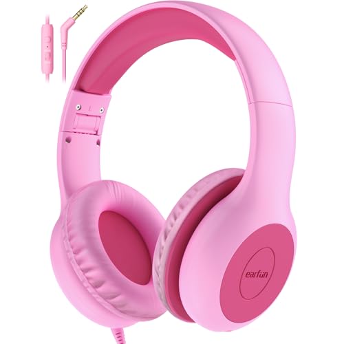 EarFun Kids Headphones Wired with Microphone, 85/94dB Volume Limit Headphones for Kids, Portable Wired Headphone with Shareport, Stereo Sound Foldable Headset for School/Tablet/Kindle Fuscia Pink - color: Fuscia Pink