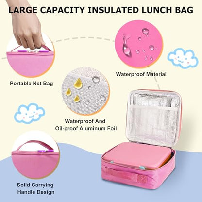 Bento Lunch Box for Kids with Thermo, Leakproof Bento Box with 8oz Insulated Food Jar, Lunch Bag, BPA Free Dishwasher Safe 4 Compartment Container for School Girls Boys (Pink) - color: Pink1