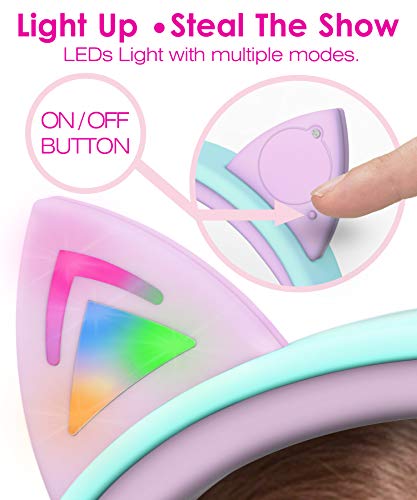 FosPower Kids Headphones with LED Cat Ears (85dB Safe Volume Limit), 3.5mm Soft On-Ear Wired Headphones with Tangle-Free Laced Cables for iPad/Tablet/School/Travel - Teal/Light Purple | FosPower Wired 0.3 cm Kids Headphones with LED Cat Ears - Green - col