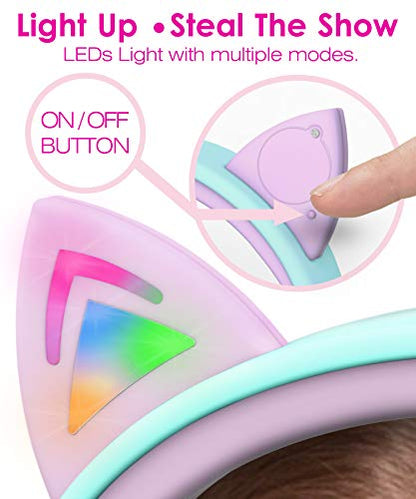 FosPower Kids Headphones with LED Cat Ears (85dB Safe Volume Limit), 3.5mm Soft On-Ear Wired Headphones with Tangle-Free Laced Cables for iPad/Tablet/School/Travel - Teal/Light Purple | FosPower Wired 0.3 cm Kids Headphones with LED Cat Ears - Green - col