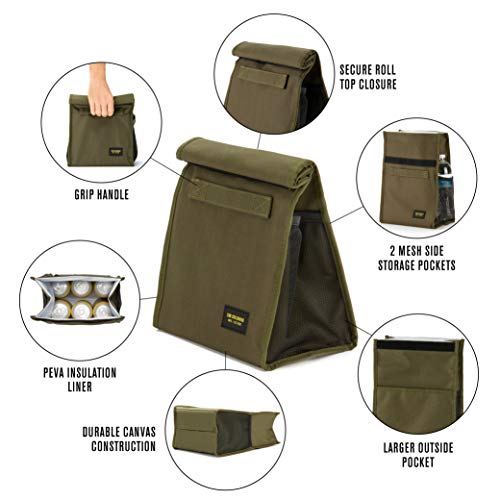 2nd Childhood Insulated Lunch Bag for Men, Durable & Reusable, Green | Slim lunch bag with carry handle, two mesh side pockets and a back slip pocket; insulated liner keeps food cool - color: Green