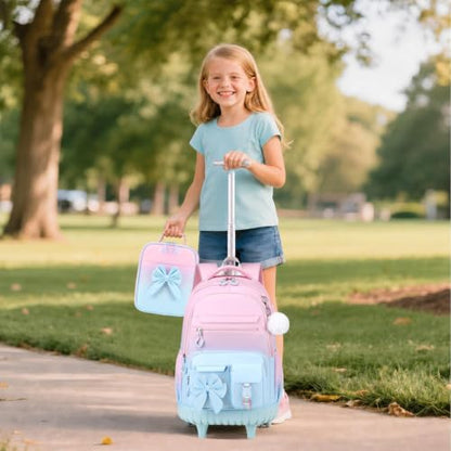 DIGOBAY Rolling Backpack for Girls, Cute Roller School Bag with Wheels, Kids Wheeled Backpacks Set with Lunch Bag Pencil Case for Teen Girls Kindergarten Elementary Middle School - color: Pink-blue