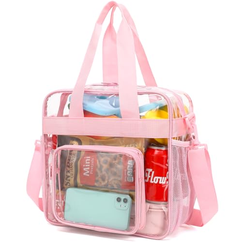 FlowFly Clear Bag for Stadium Events With Shoulder Strap for Women, Men, Large and Reusable Lunch Container, Work and Sporting Events, Travel 12x6x12 Clear Tote Bag, Clear#Pink - color: Clear#Pink