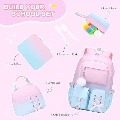 Scothen Backpack for Girls with Bento Lunch Box Set, School Bag Bookbag for Teens Girls Kids Student, 43oz Lunch Containers Lunchbox, Insulated Lunch Bag & Pencial Case, Back to School Gifts - color: Pink Blue