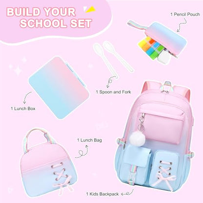 Scothen Backpack for Girls with Bento Lunch Box Set, School Bag Bookbag for Teens Girls Kids Student, 43oz Lunch Containers Lunchbox, Insulated Lunch Bag & Pencial Case, Back to School Gifts - color: Pink Blue