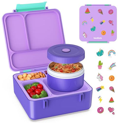 Bento Box for Kids, Lunch Box with Sticker and Leak-Proof Vacuum Food Jar, 4 Compartment BPA-Free Toddler Bento Box for School, Machine-Washable and Removable Compartments for Boy(Purple) - color: Purple