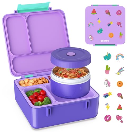 Bento Box for Kids, Lunch Box with Sticker and Leak-Proof Vacuum Food Jar, 4 Compartment BPA-Free Toddler Bento Box for School, Machine-Washable and Removable Compartments for Boy(Purple) - color: Purple
