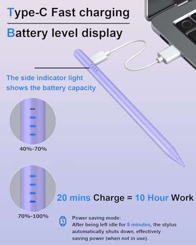 Stylus Pen for iPad (2018-2026), Fast Charge for iPad Pencil with Palm Rejection, Active Pen Compatible with Apple iPad A16 11/10/9/8/7/6, iPad Pro M5/M4/11/12.9", Mini 5/6, Air 3/4/5/M2/M3 (Purple) - color: A19D-Purple