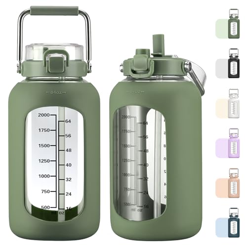 MUKOKO 84oz Glass Water Bottle with Time Marker and Silicone Sleeve 2.5L Water Jug with Stainless Steel Handle Gallon Drinking Bottle with 2-in-1 Lid Wide Mouth BPA Free, Olive - color: Olive, size: 84 Ounces