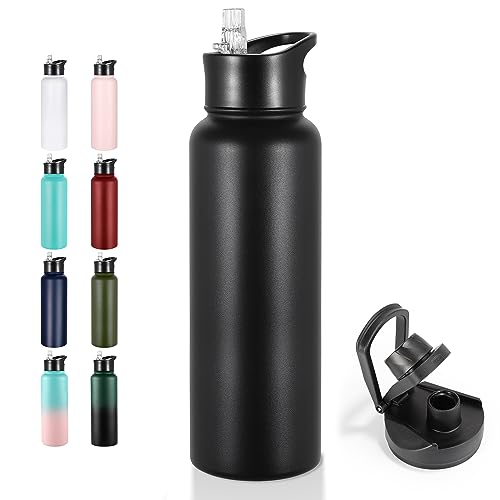 VEGOND 40 oz Insulated Water Bottle Stainless Steel Metal Water Bottles with Leak Proof Straw Lid & Spout Lid, Wide Mouth Double Walled Vacuum Travel Sports Bottle, Black - color: Black, size: 40 Ounces
