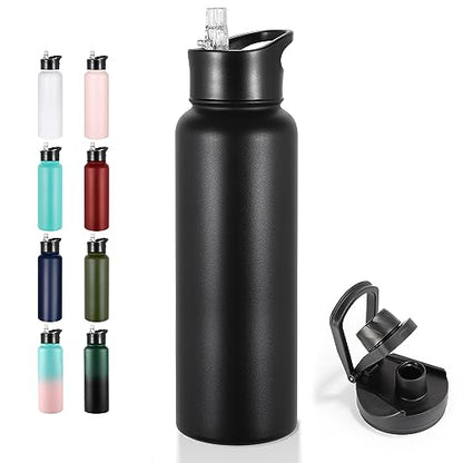 VEGOND 40 oz Insulated Water Bottle Stainless Steel Metal Water Bottles with Leak Proof Straw Lid & Spout Lid, Wide Mouth Double Walled Vacuum Travel Sports Bottle, Black - color: Black, size: 40 Ounces
