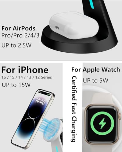 Wireless Charger Compatible with Mag-Safe,3 in 1 Charging Station for iPhone17/16/15/14/13/12 Series, Apple Watch,AirPods,15W Fast Charging (USB-C Adapter Included) - color: Black