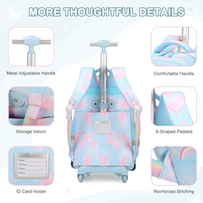Scothen Rolling Backpack for Girls, 3PCS Roller School Backpacks for Girls with Lunch Bag and Pencil Pouch, Kids Bookbag Schoolbag with Wheels for Teen Girl Kindergarten Elementary Middle School - color: Blue
