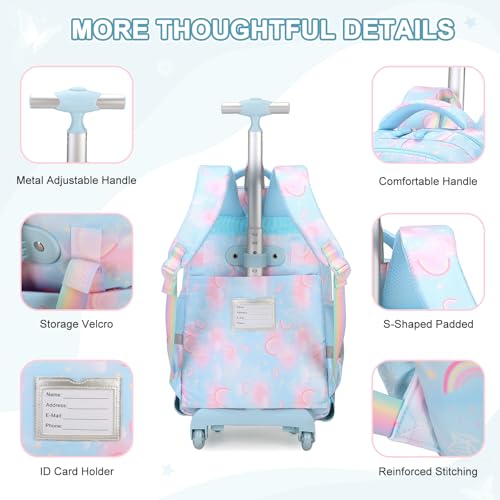 Scothen Rolling Backpack for Girls, 3PCS Roller School Backpacks for Girls with Lunch Bag and Pencil Pouch, Kids Bookbag Schoolbag with Wheels for Teen Girl Kindergarten Elementary Middle School - color: Blue