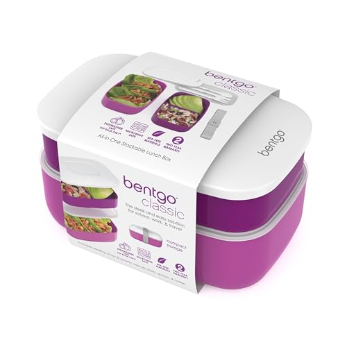 Bentgo Classic - Adult Bento Box, Stackable 3-Compartment Lunch Box with Removable Utensil Set and Sealing Strap, BPA-Free, Food Container Ideal for Meal Prep, Work, and On the Go (Purple) - color: Purple