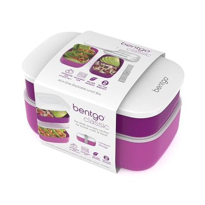 Bentgo Classic - Adult Bento Box, Stackable 3-Compartment Lunch Box with Removable Utensil Set and Sealing Strap, BPA-Free, Food Container Ideal for Meal Prep, Work, and On the Go (Purple) - color: Purple