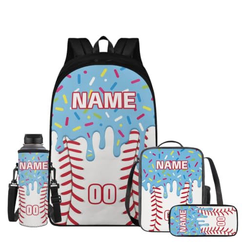 Personalized Baseball Drip School Backpack Kids Bookbag for Boys Girls,Custom Text Name Number 4 Piece Blue Ice Cream Baseball Backpacks with Lunch Box, Pencil Case & Water Bottle Sleeve - color: Z-custom