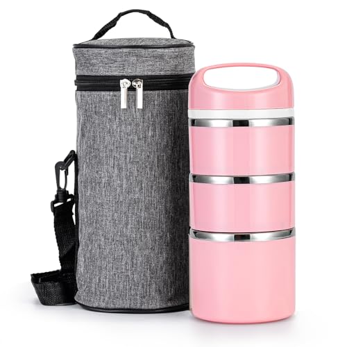 Lille Home Stackable Stainless Steel Thermal Compartment Lunch/Snack Box, 3-Tier Insulated Bento/Food Container with Lunch Bag and Three Extra Seals, 43OZ (Pink) - color: Pink
